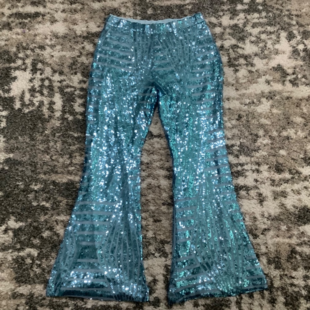 New ladies lined sequined 2X blue bell bottom pull on disco/party pants - Picture 3 of 5